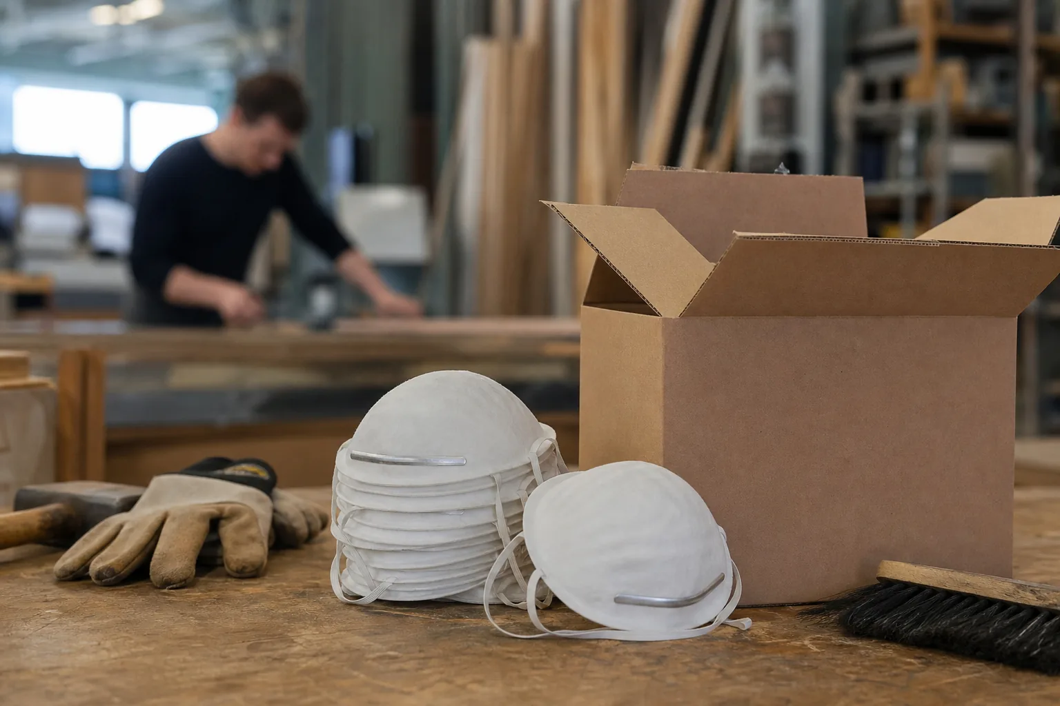 Filtrerande halvmasker i förpackning på en arbetsbänk