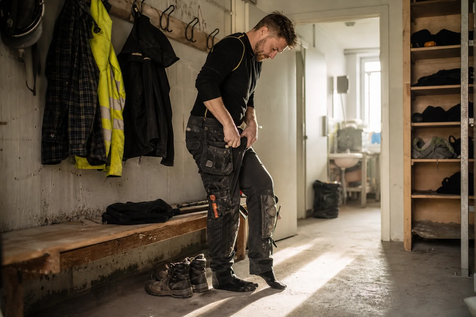 Arbetsbyxor i olika modeller upphängda i en verkstad