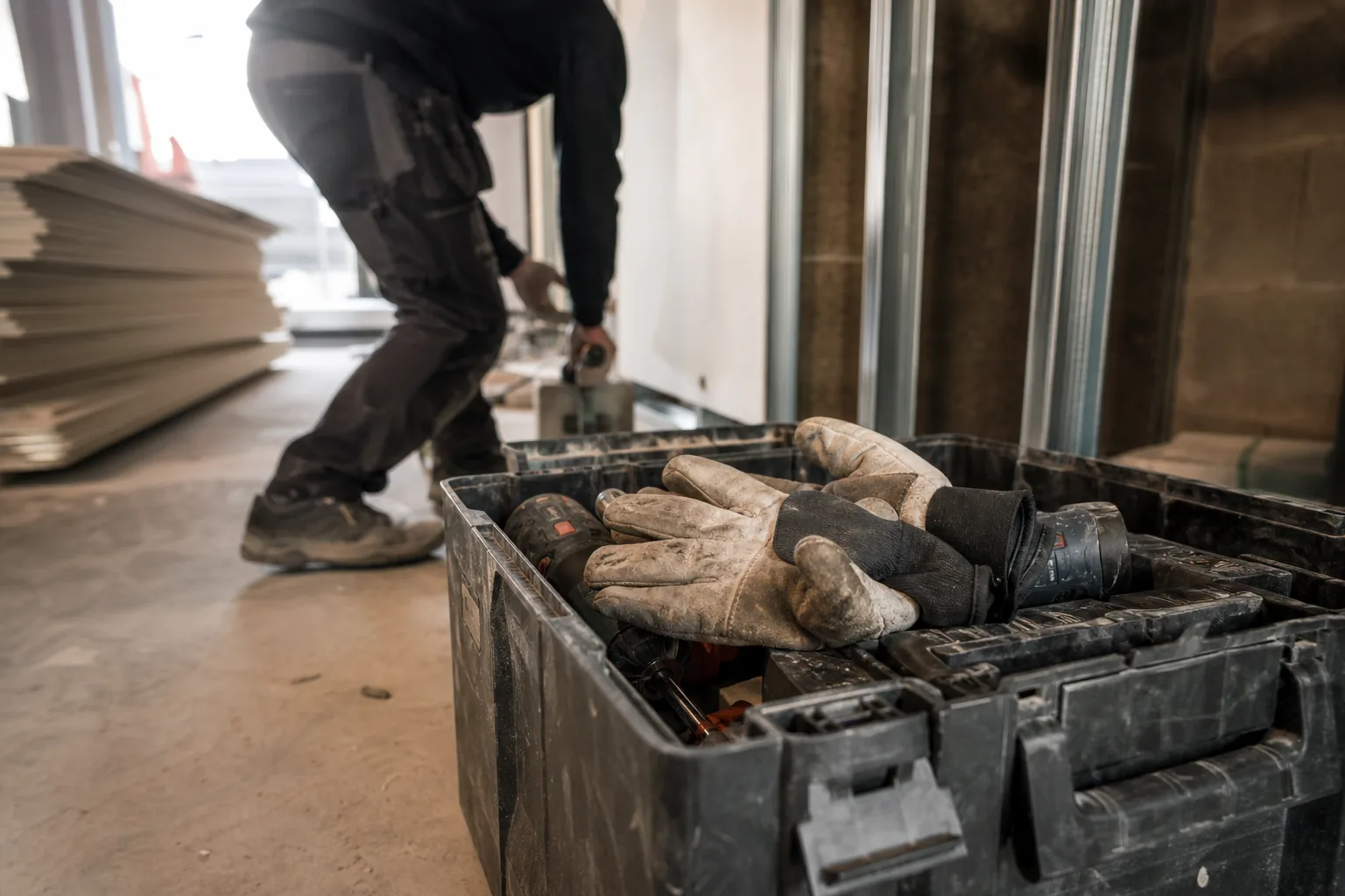 Arbetshandskar för byggarbete i en verktygslåda på en byggarbetsplats