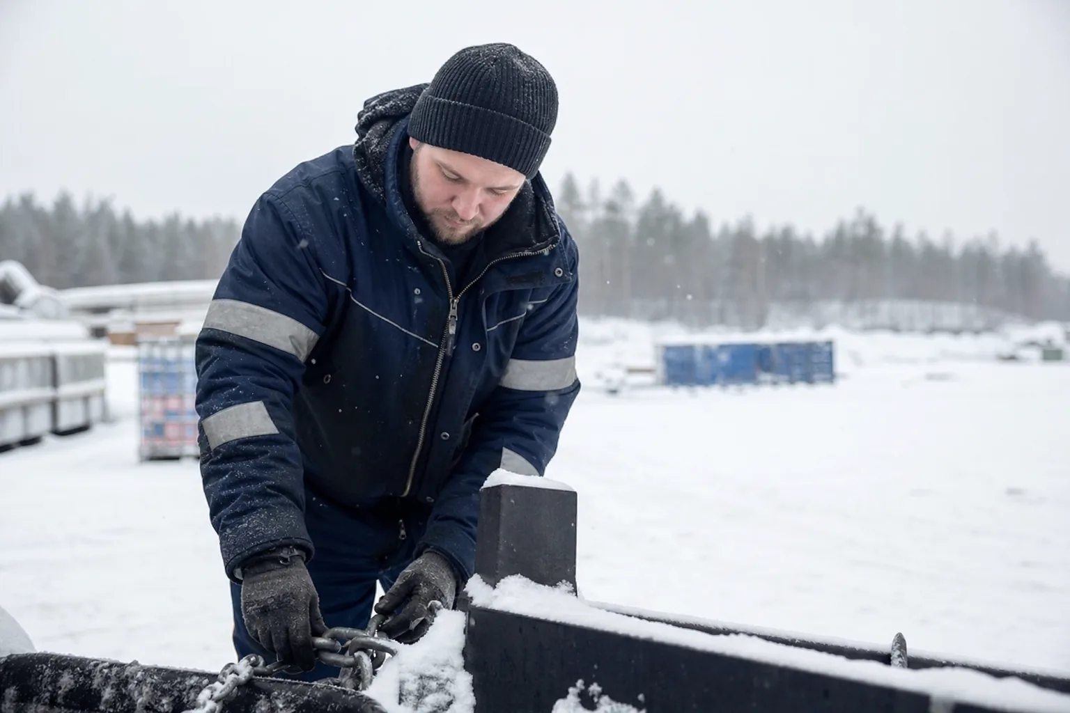 Arbetare i vinterjacka på en snöig utomhusarbetsplats