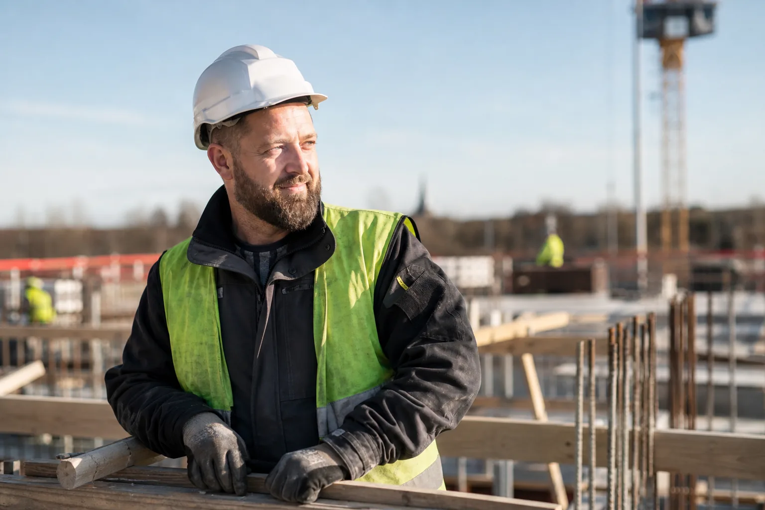 Byggarbetare i arbetskläder och hjälm på en professionell byggarbetsplats