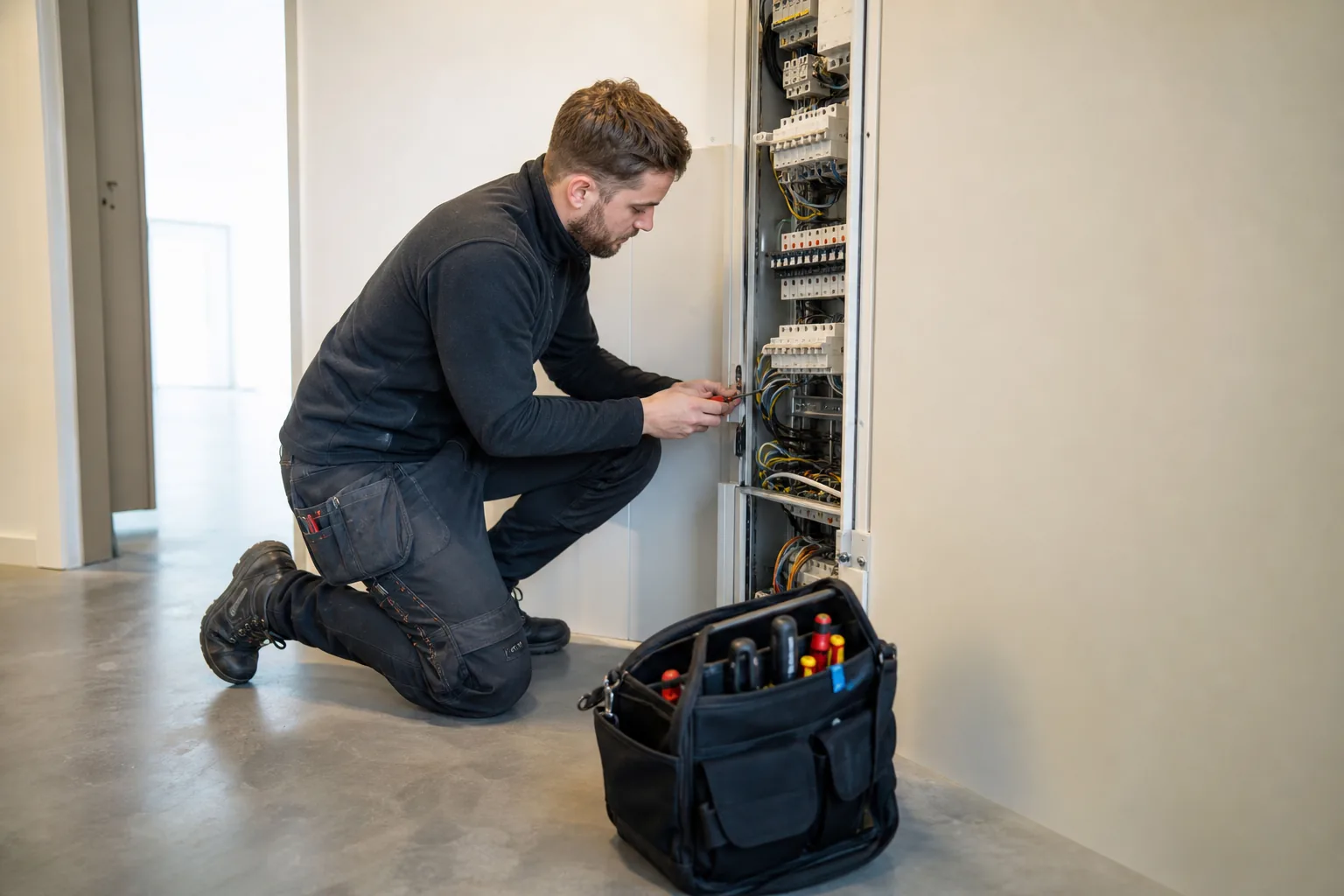 Elektriker i arbetskläder med verktygsväska i ett elskåp