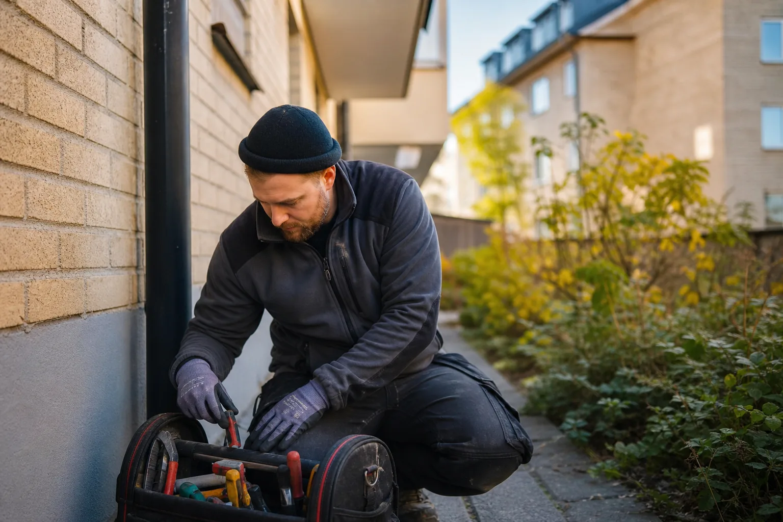 Fastighetsskötare i arbetskläder med varierande verktyg utomhus