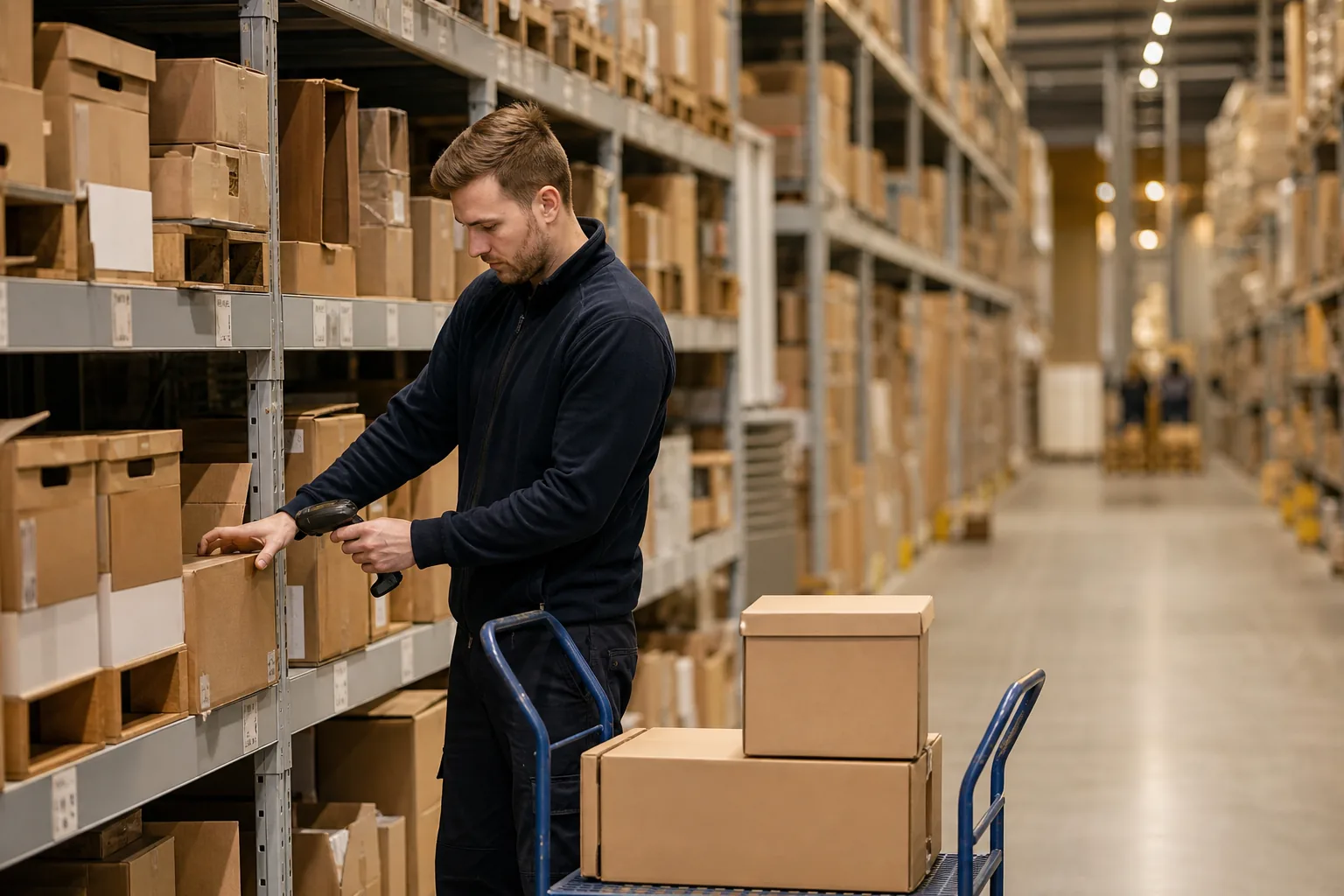 Lagerarbetare i arbetskläder mellan hyllor i ett distributionslager