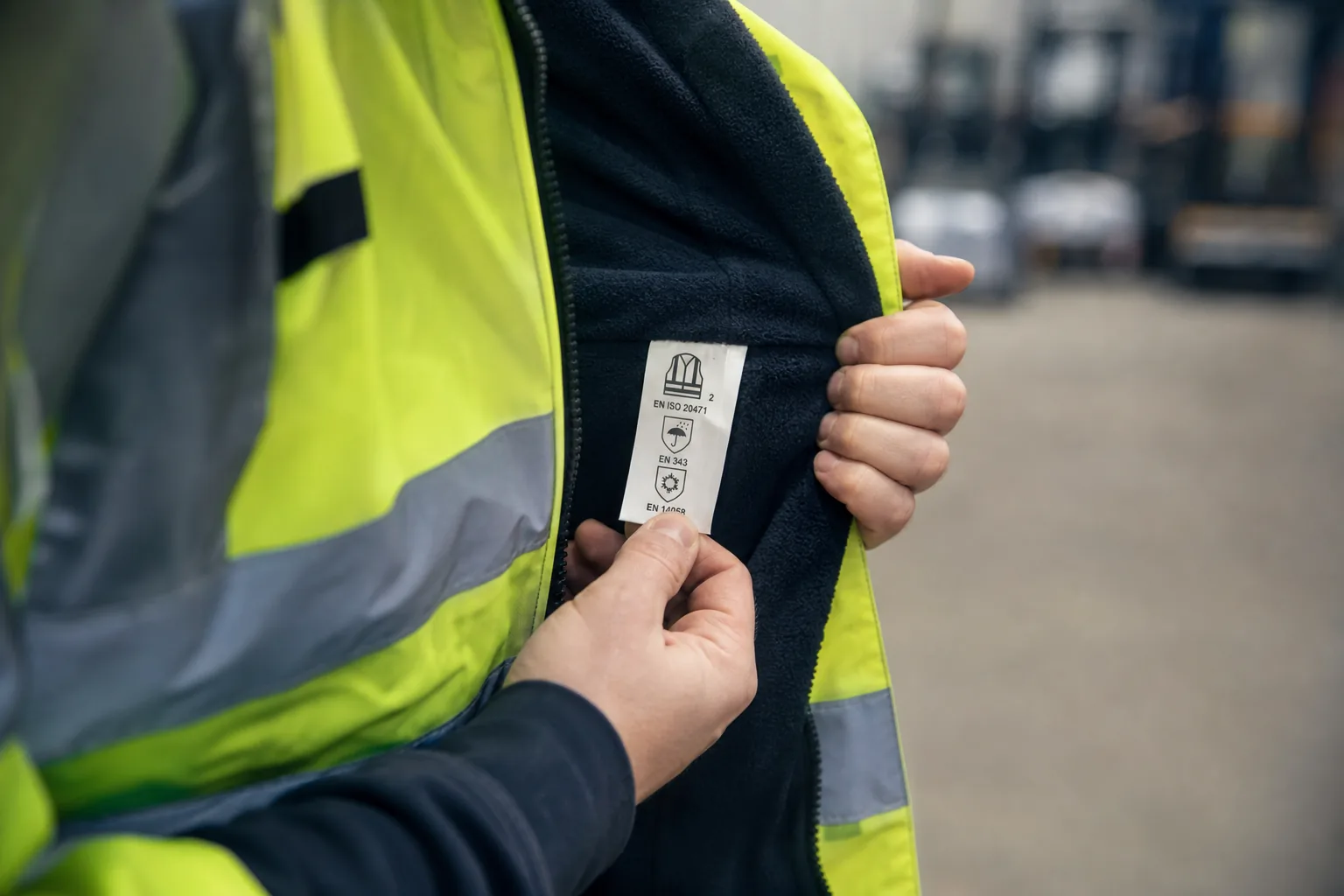 Varseljacka med reflexränder och synlig standardetikett för EN ISO 20471
