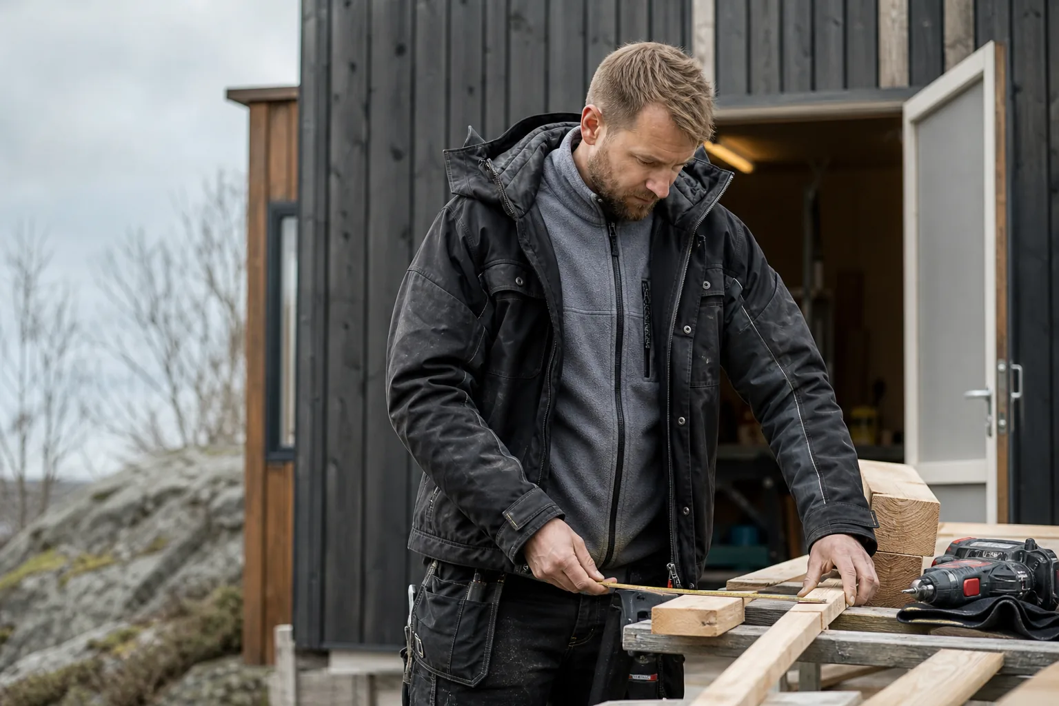Arbetare i fleecejacka som mellanlager under en arbetsjacka