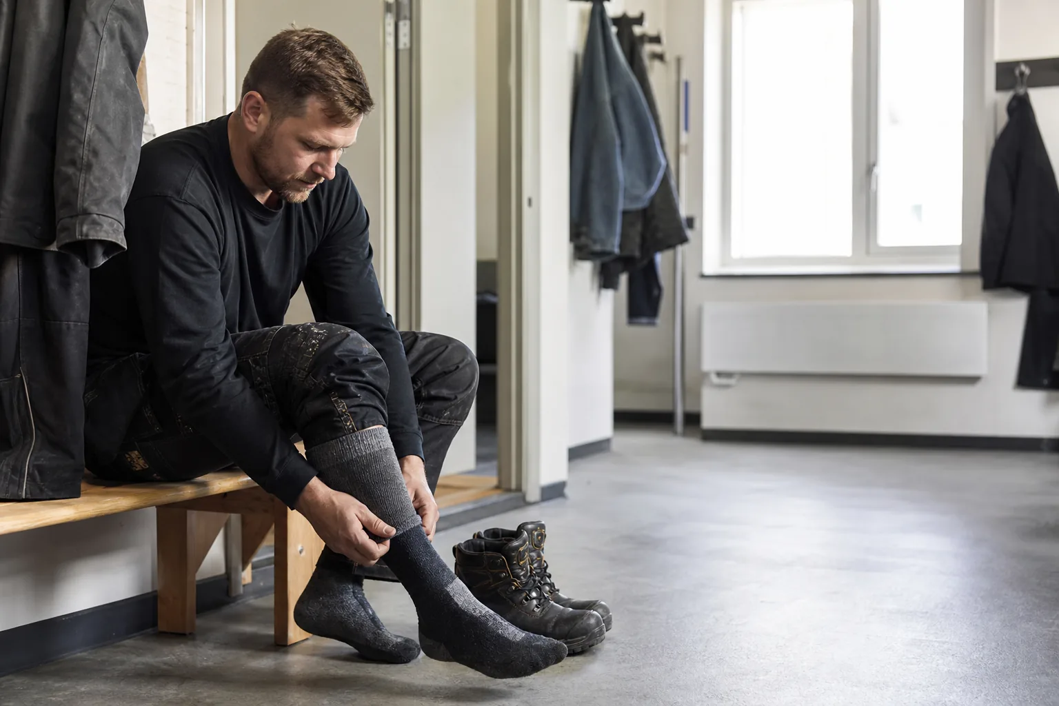 Par arbetsstrumpor i förstärkt material redo att dras på inför en arbetsdag