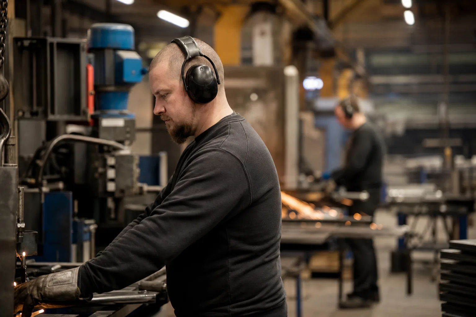 Arbetare i bullrig industrimiljö där bullernivån bedöms