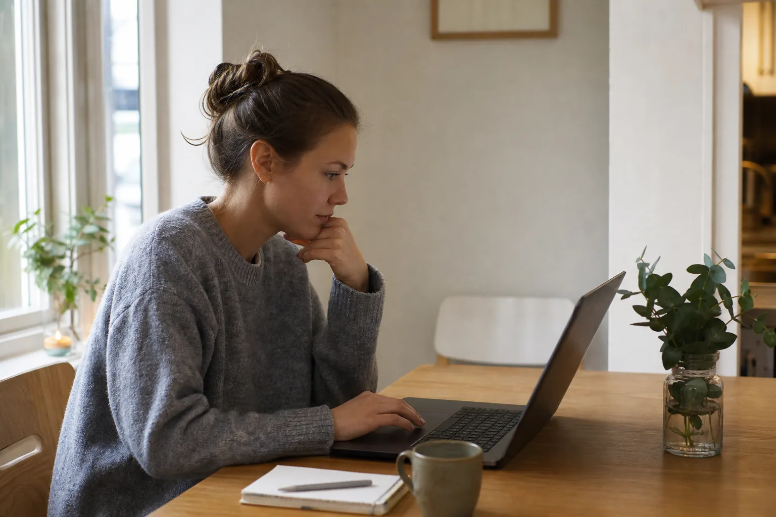 Person kontrollerar storlekstabell och produktinformation på en dator innan köp