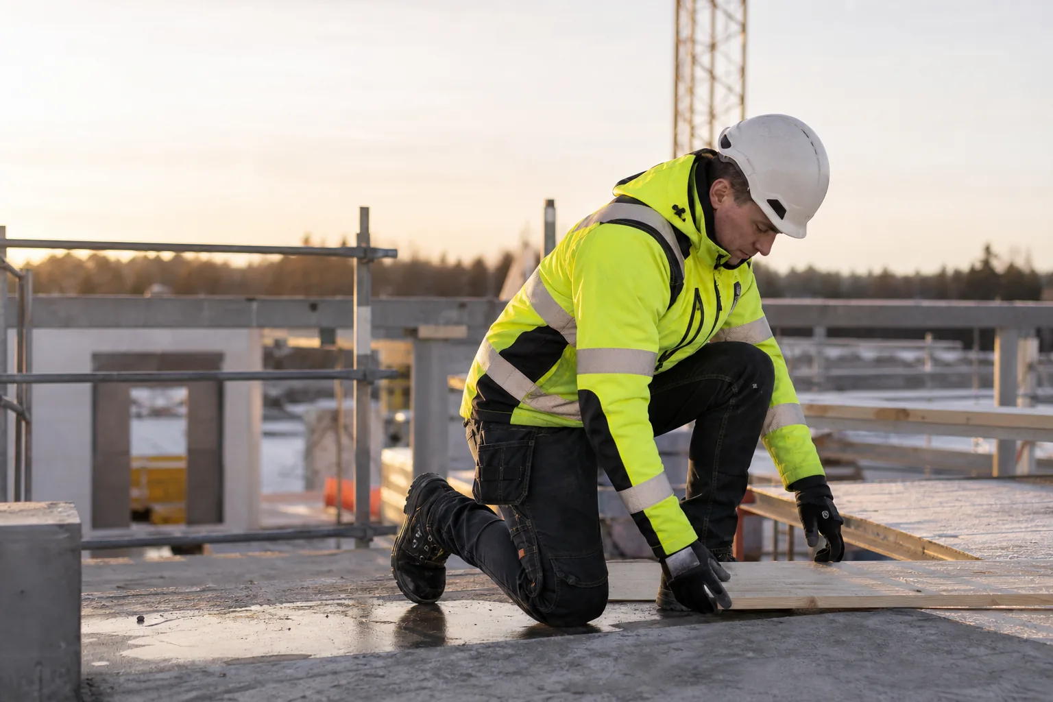 Byggarbetare med hjälm, varselväst och skyddsskor på en byggarbetsplats