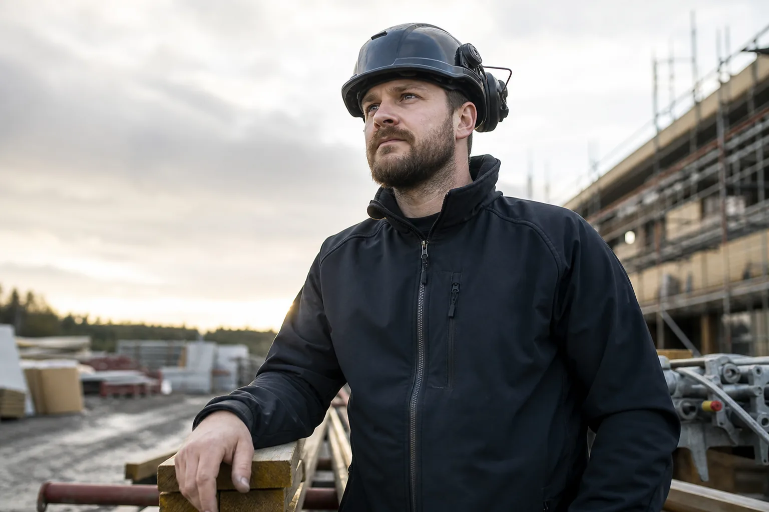 Arbetare i softshelljacka på en byggarbetsplats