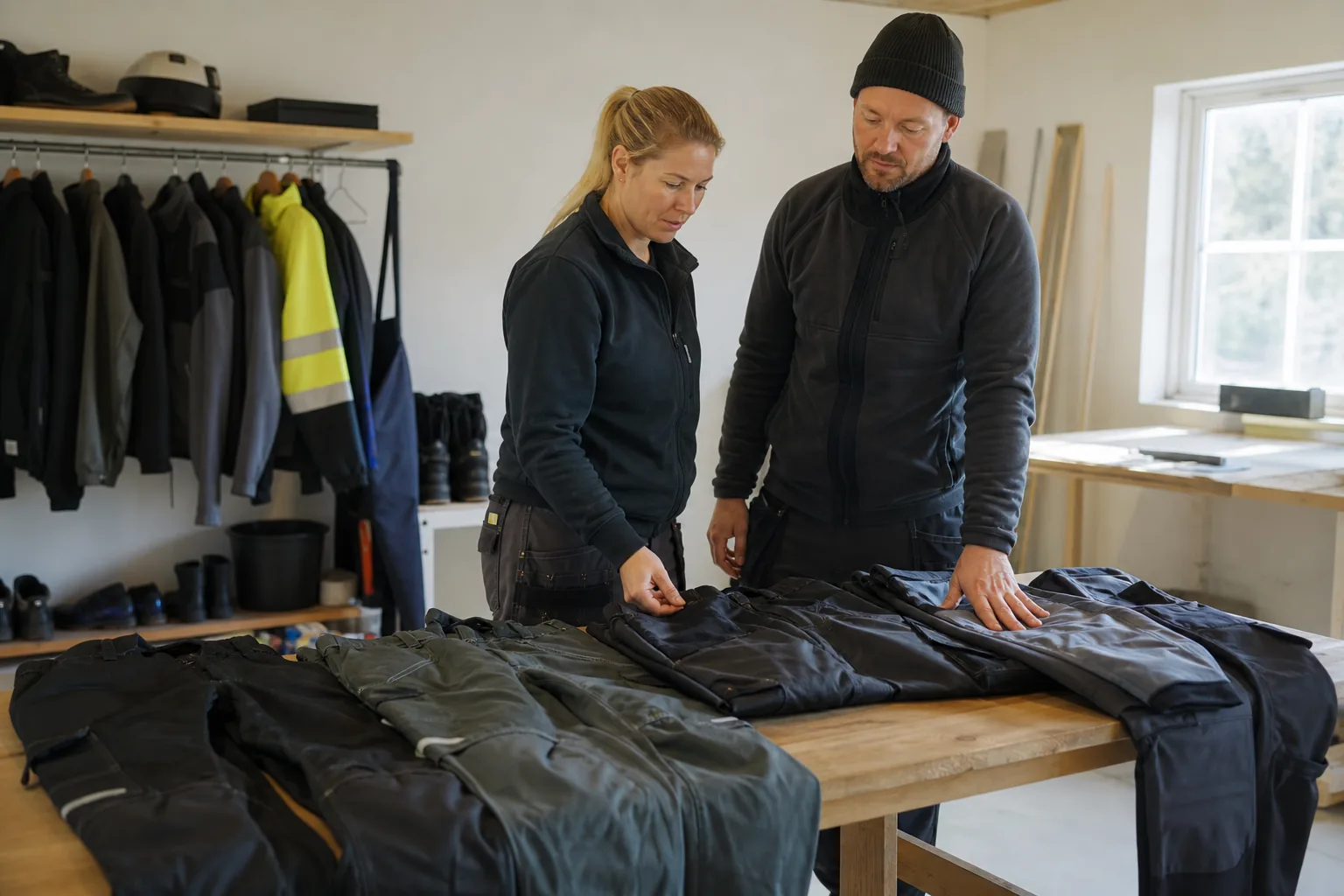Arbetskläder i olika modeller utlagda på ett bord inför ett köpbeslut