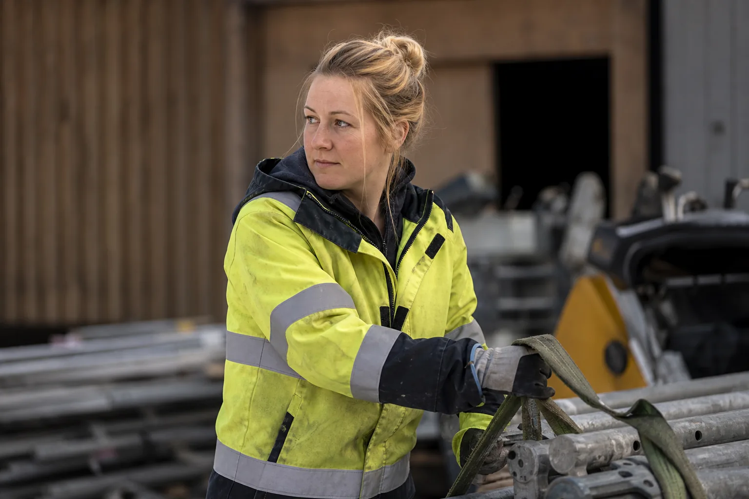 Kvinnlig arbetare i varseljacka på en arbetsplats