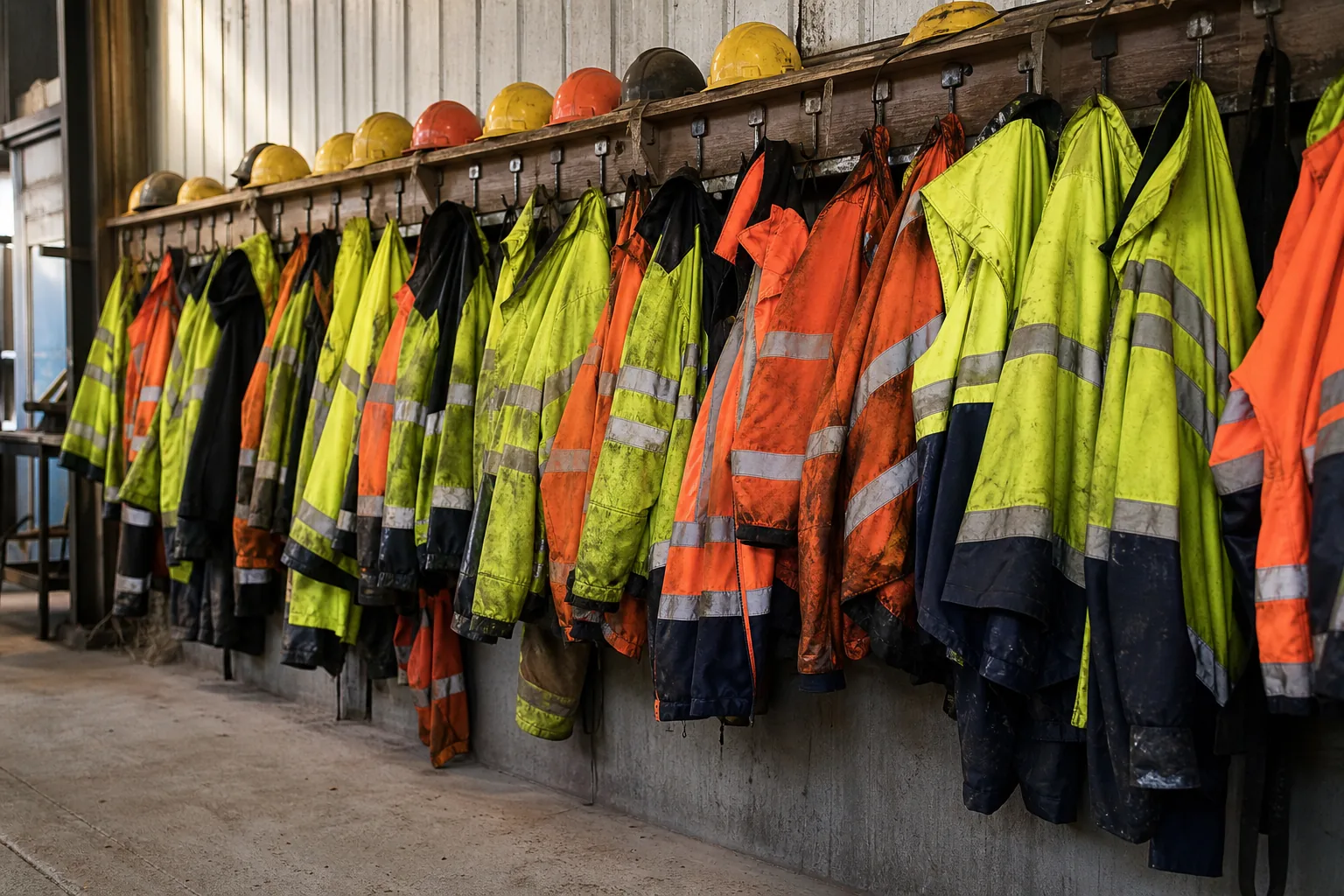 Varselkläder i gult och orange upphängda på rad i ett förråd