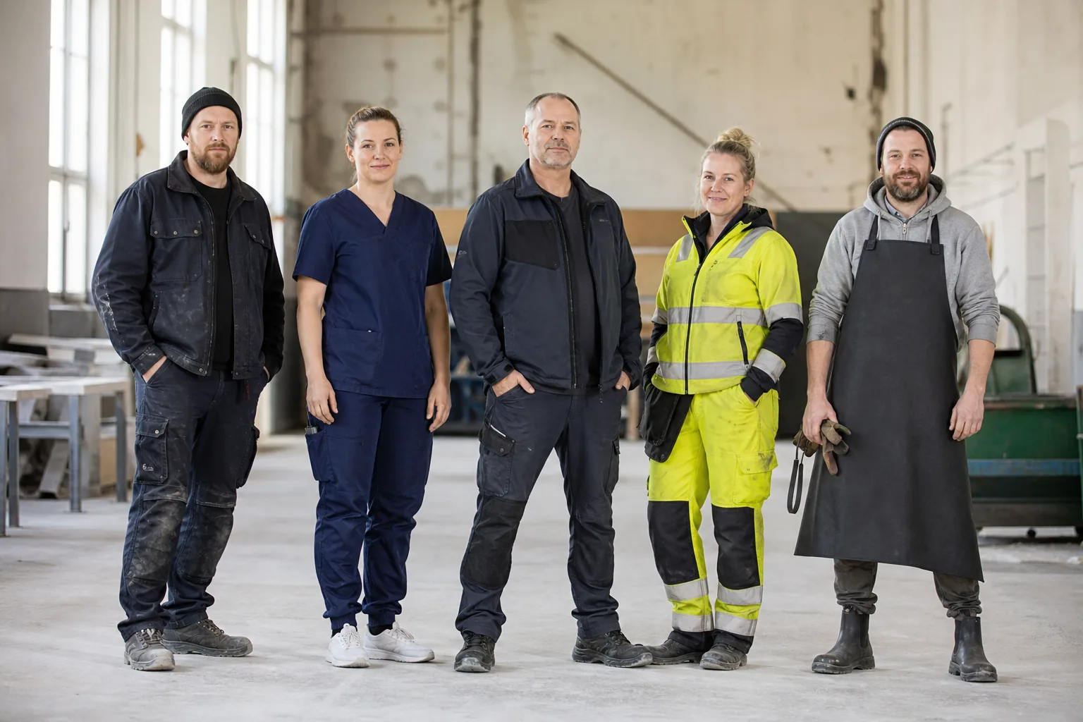 Arbetskläder för olika yrken uppradade sida vid sida